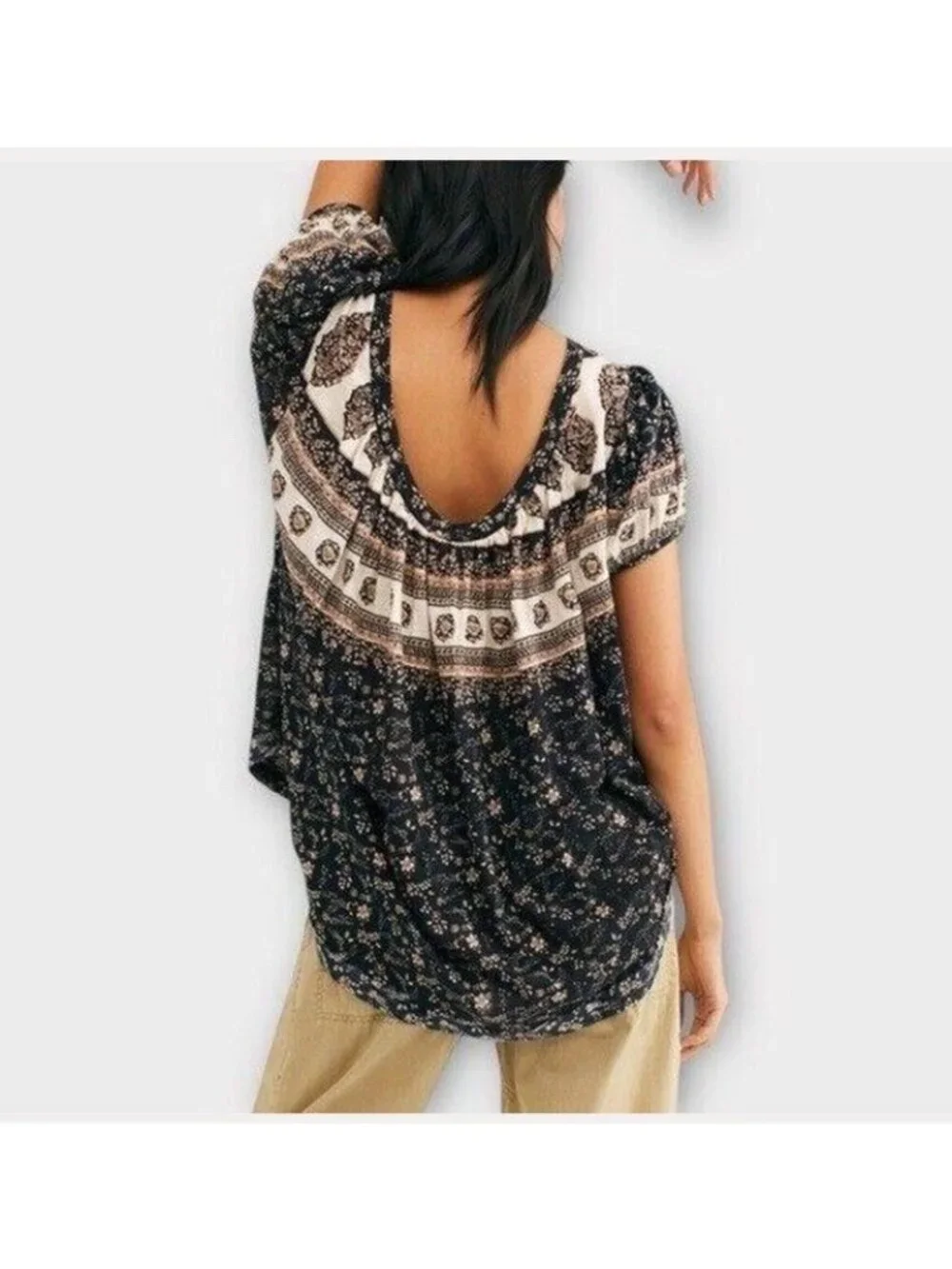Free People Size M Paisley Puff Sleeve High Neck Black Low Scoop Back Shirt Top